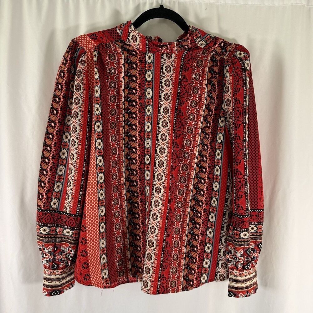 Loft Blouse Women's Small Red Striped Floral Tie Back Neck Long Sleeve